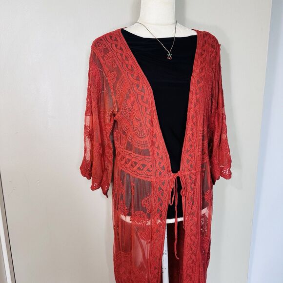 Vivid Collection Open Cardigan SZ M Red Crochet Lace Short Sleeve Top Boho Fall - Picture 6 of 15